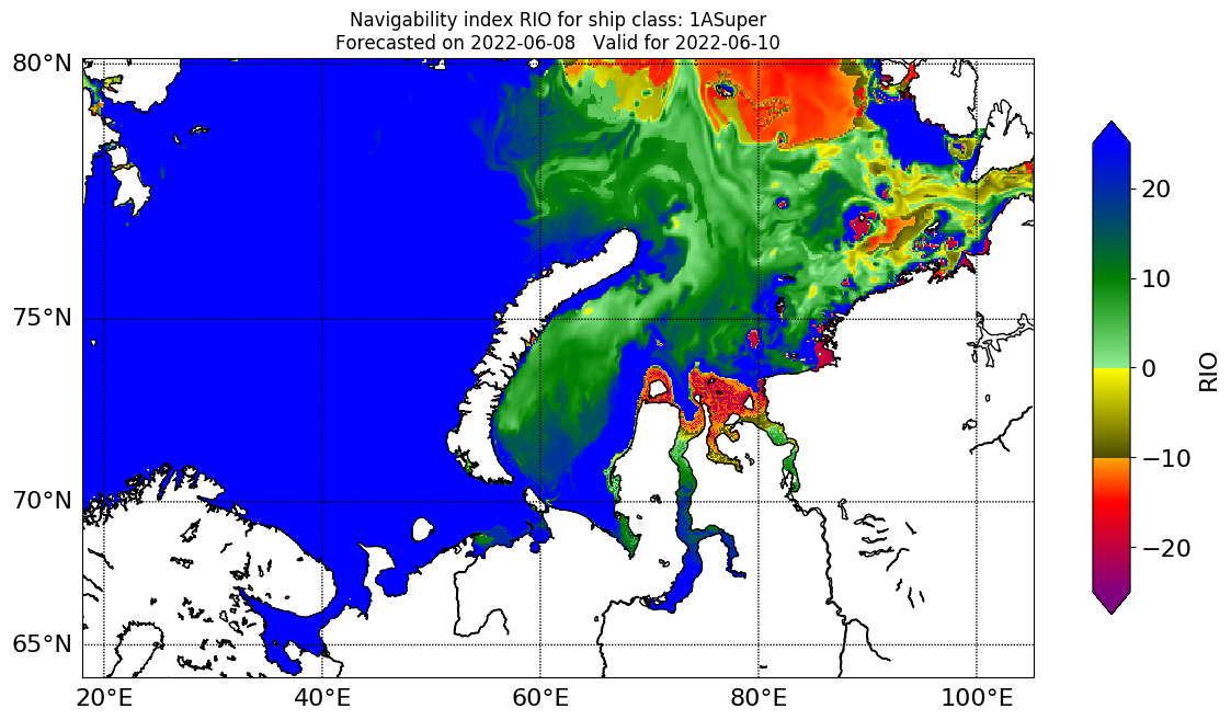 Map of Kara Sea with navigability estimate (based on RIO) for vessels with ice class 1ASuper (FMI/Finland)