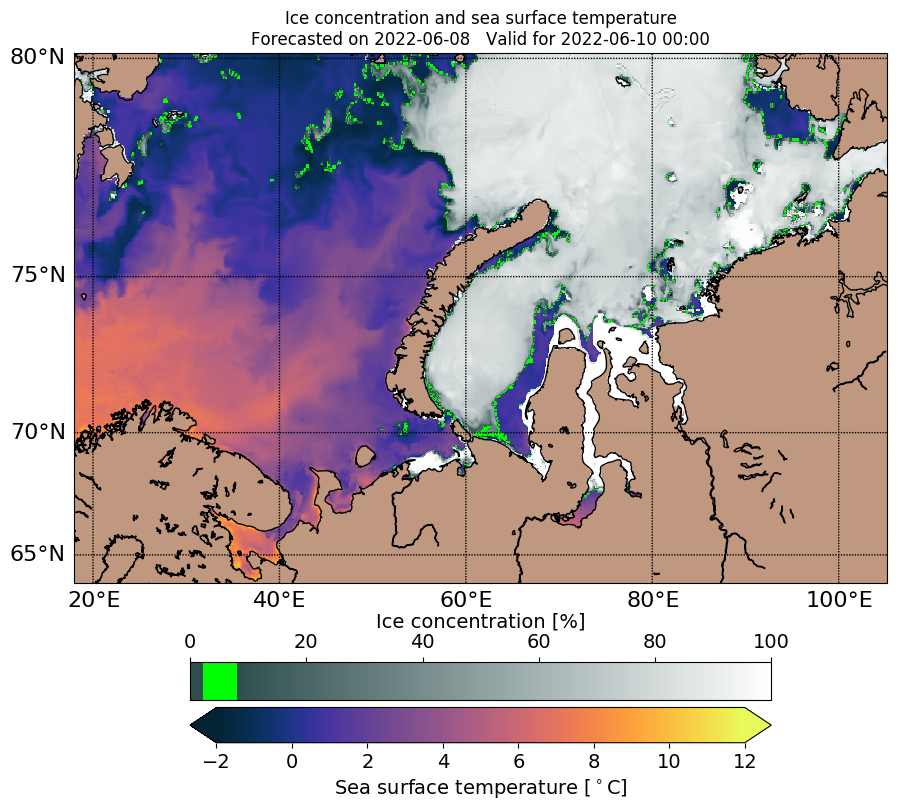 Map of Kara Sea with sea ice concentration and sea surface temperature (FMI/Finland)